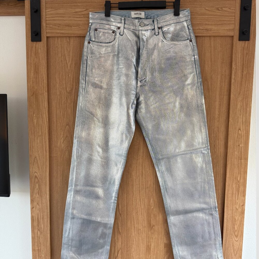 Agolde Metallic Silver High-Rise Straight Leg Jeans Size 28